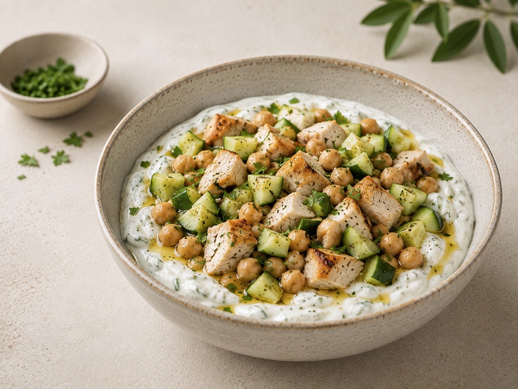 Foto de Bowl de yogur salado con pepino, garbanzos y pollo