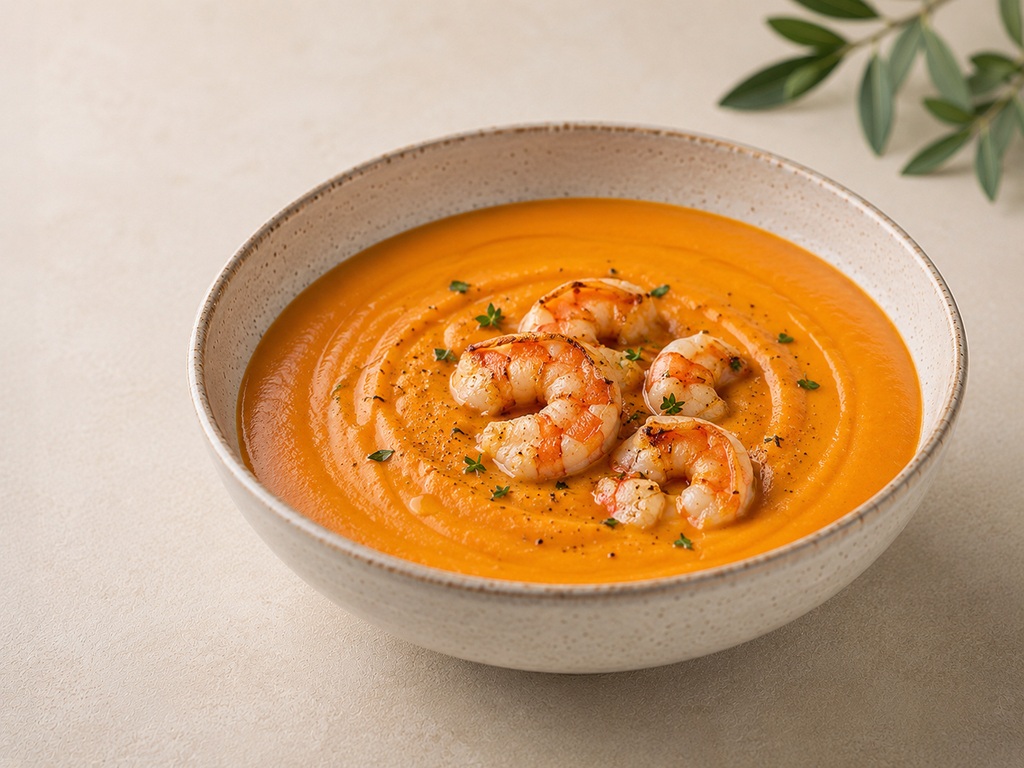 Foto de Crema de zanahoria, jengibre y gambas