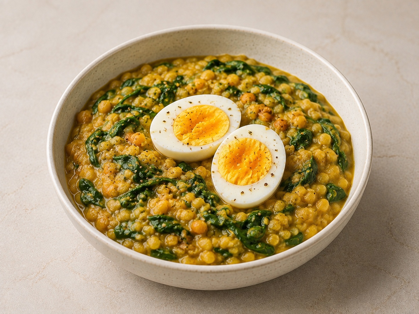 Foto de Dhal de lenteja con huevo cocido y espinacas
