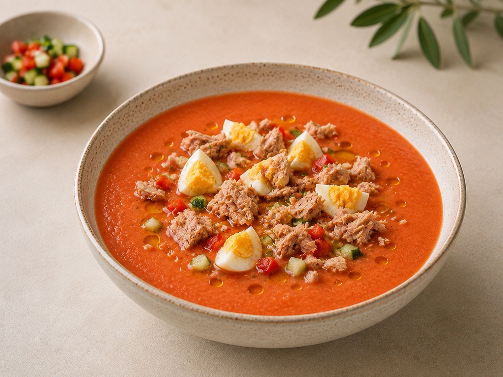 Foto de Gazpacho con huevo cocido y atún