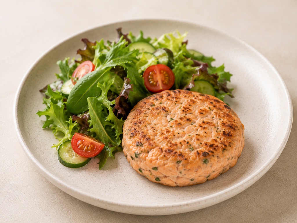 Foto de Hamburguesa de salmón sin pan con ensalada