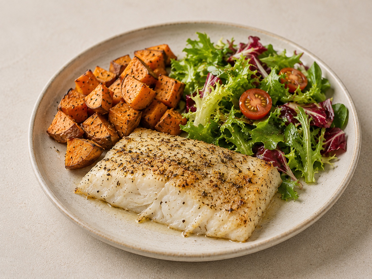 Foto de Merluza al horno con boniato y ensalada