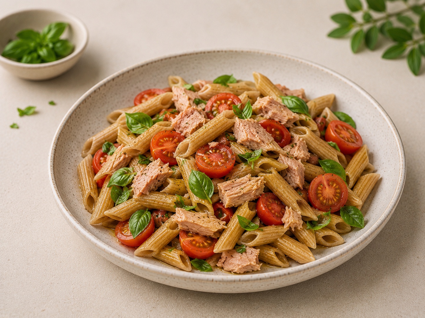 Foto de Pasta integral con atún, tomate y albahaca