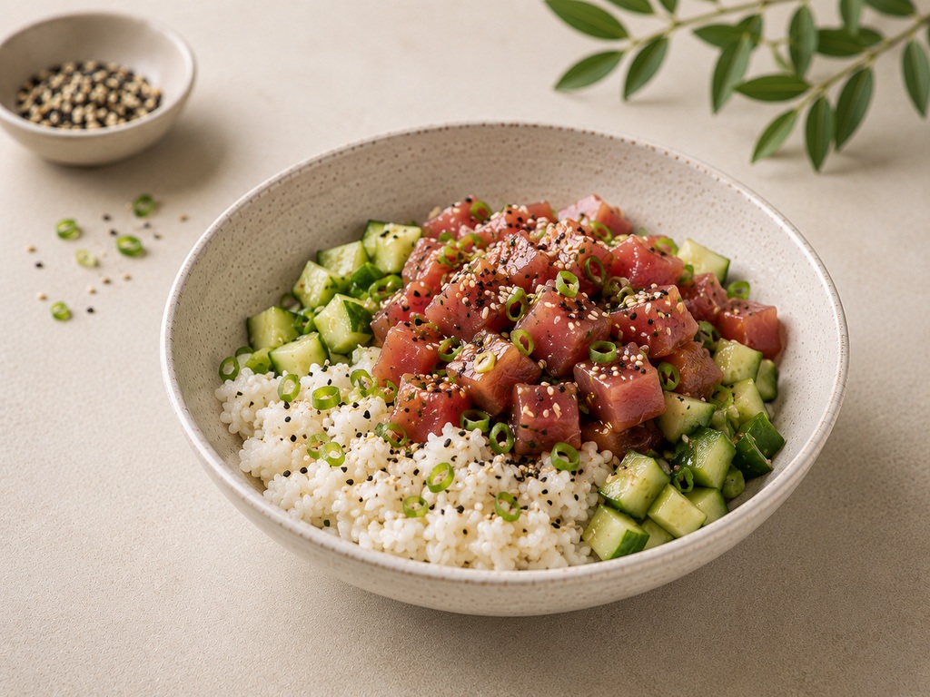 Foto de Poke de atún, arroz y pepino