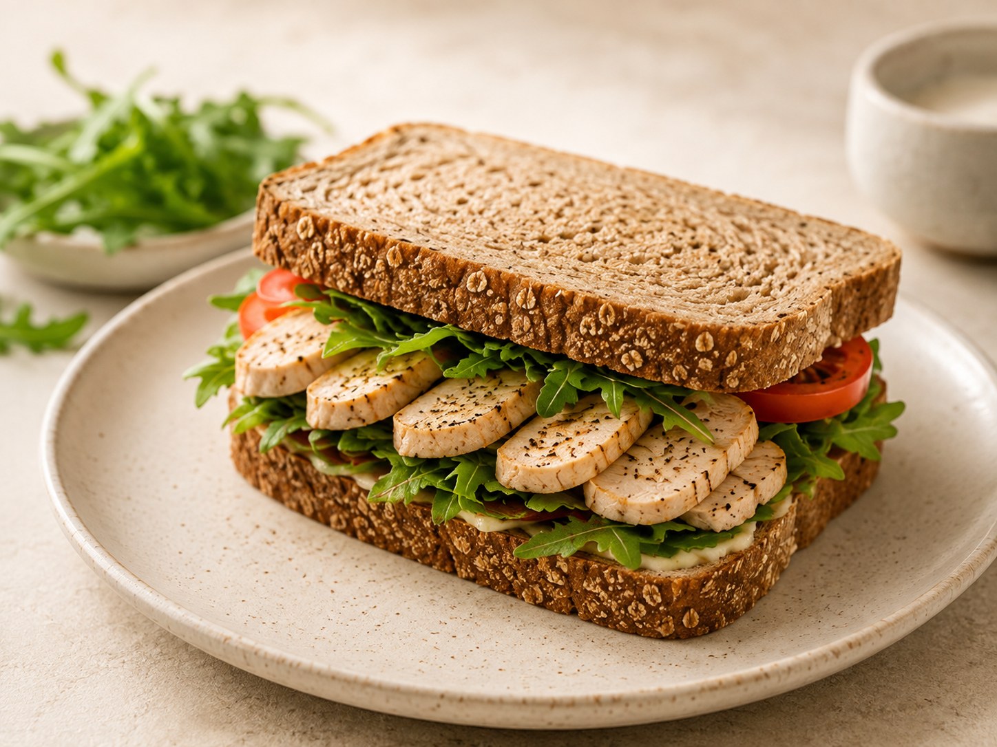 Foto de Sándwich integral de pollo frío y rúcula