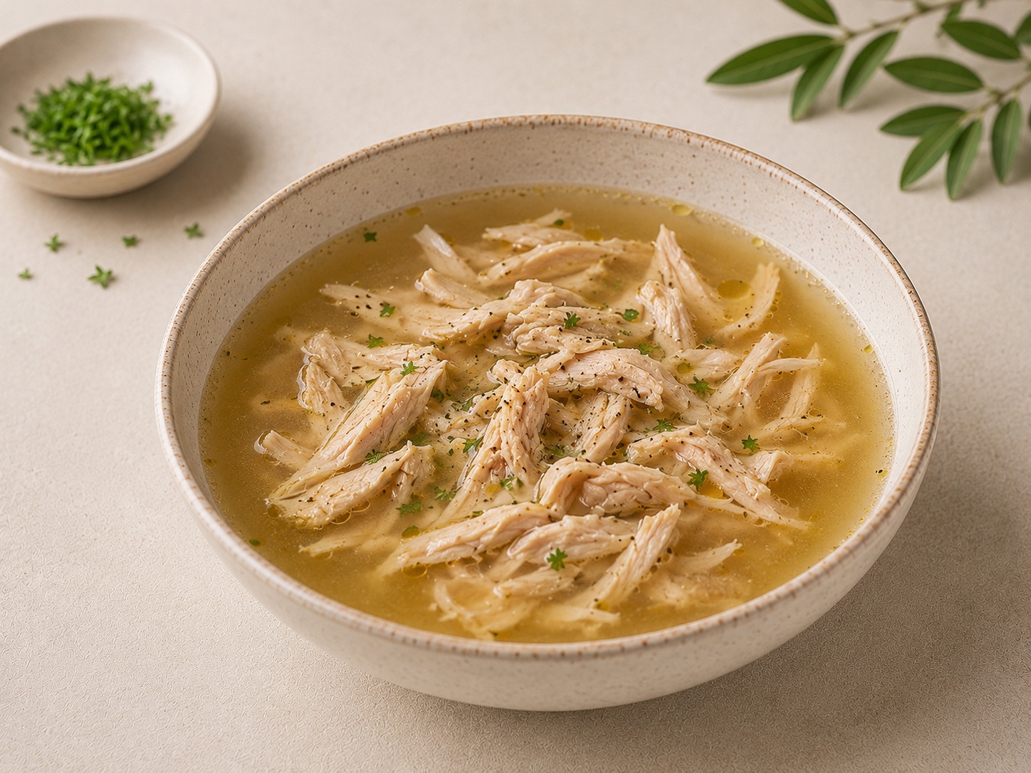 Foto de Tazón de caldo con pollo desmenuzado