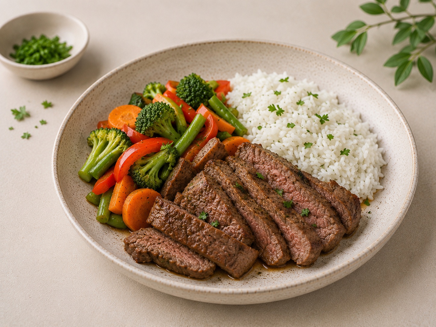 Foto de Ternera magra con arroz jazmín y verduras salteadas