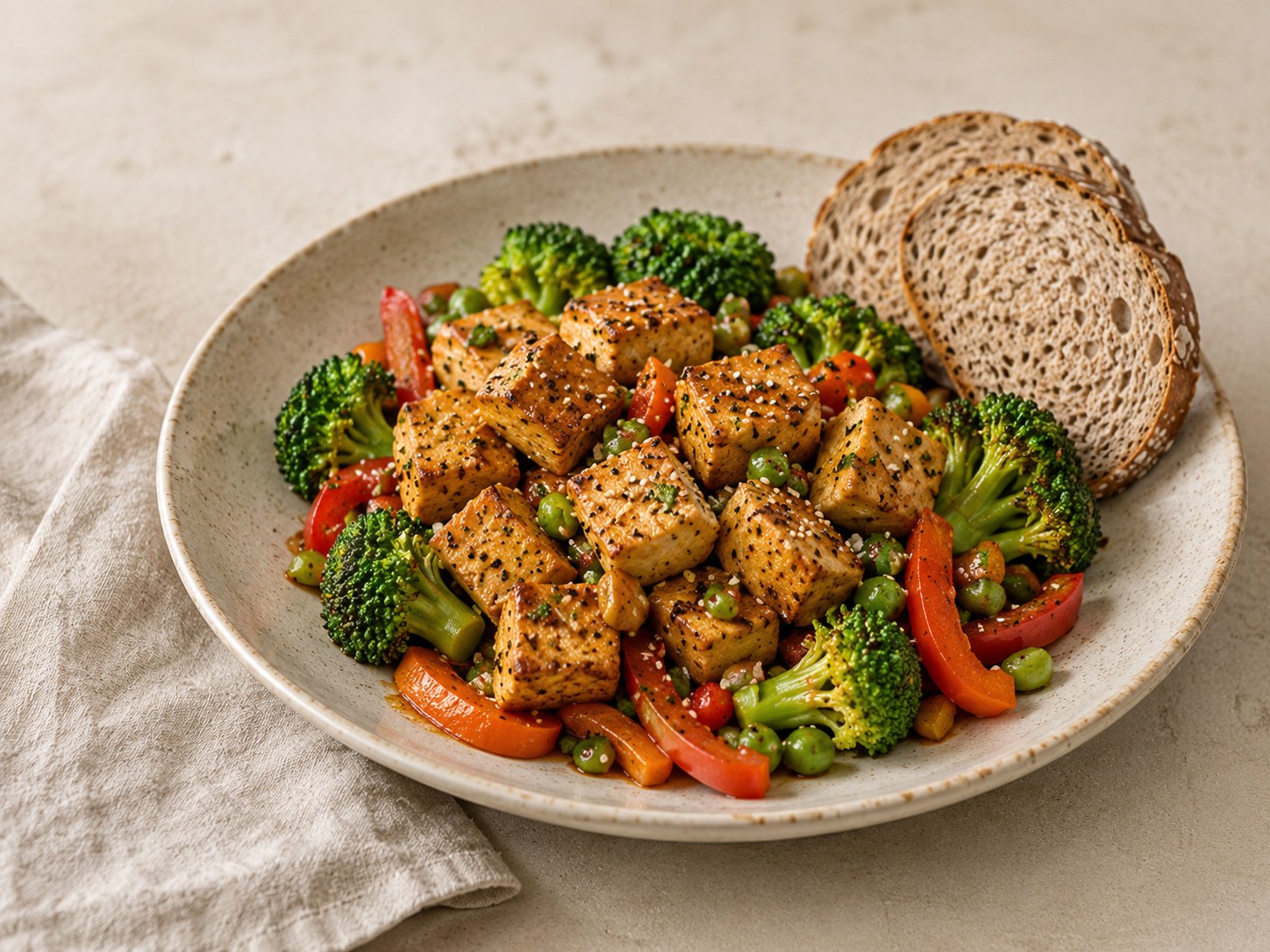 Foto de Tofu salteado con verduras y pan integral