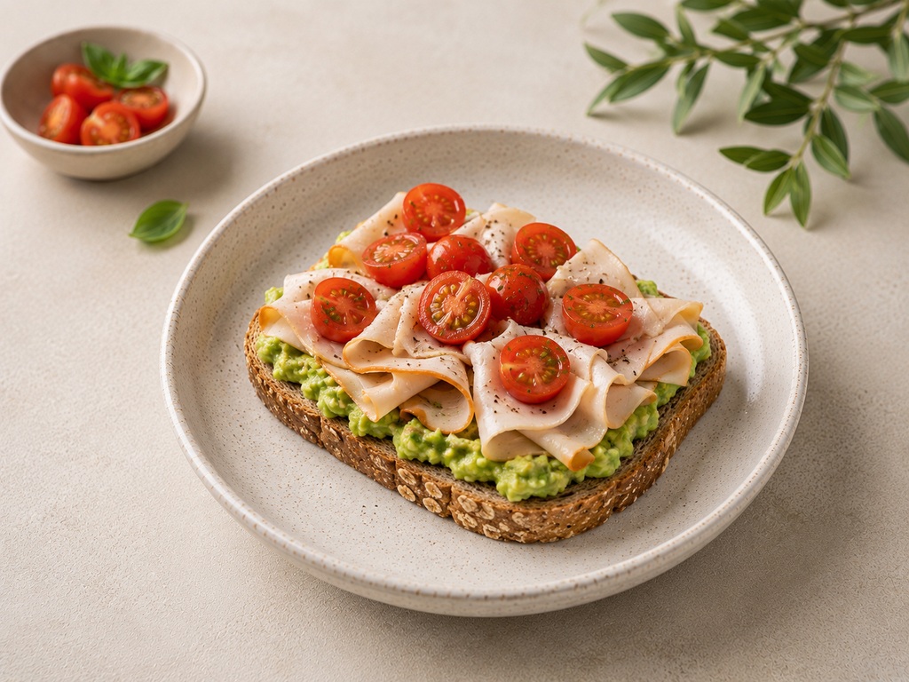 Foto de Tostada integral con aguacate, pavo y tomate