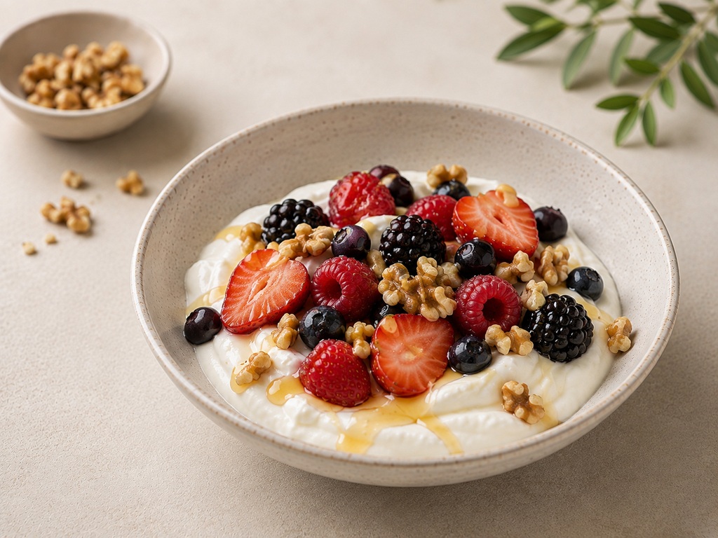 Foto de Yogur griego con frutos rojos, nueces y miel